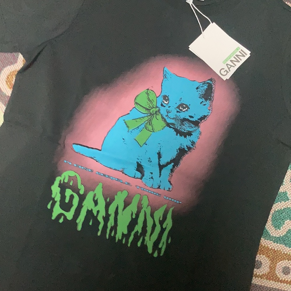 Ganni Black Blue Kitten Drippy Logo T-shirt | NWT Designer casual Essential Larg - Picture 2 of 6